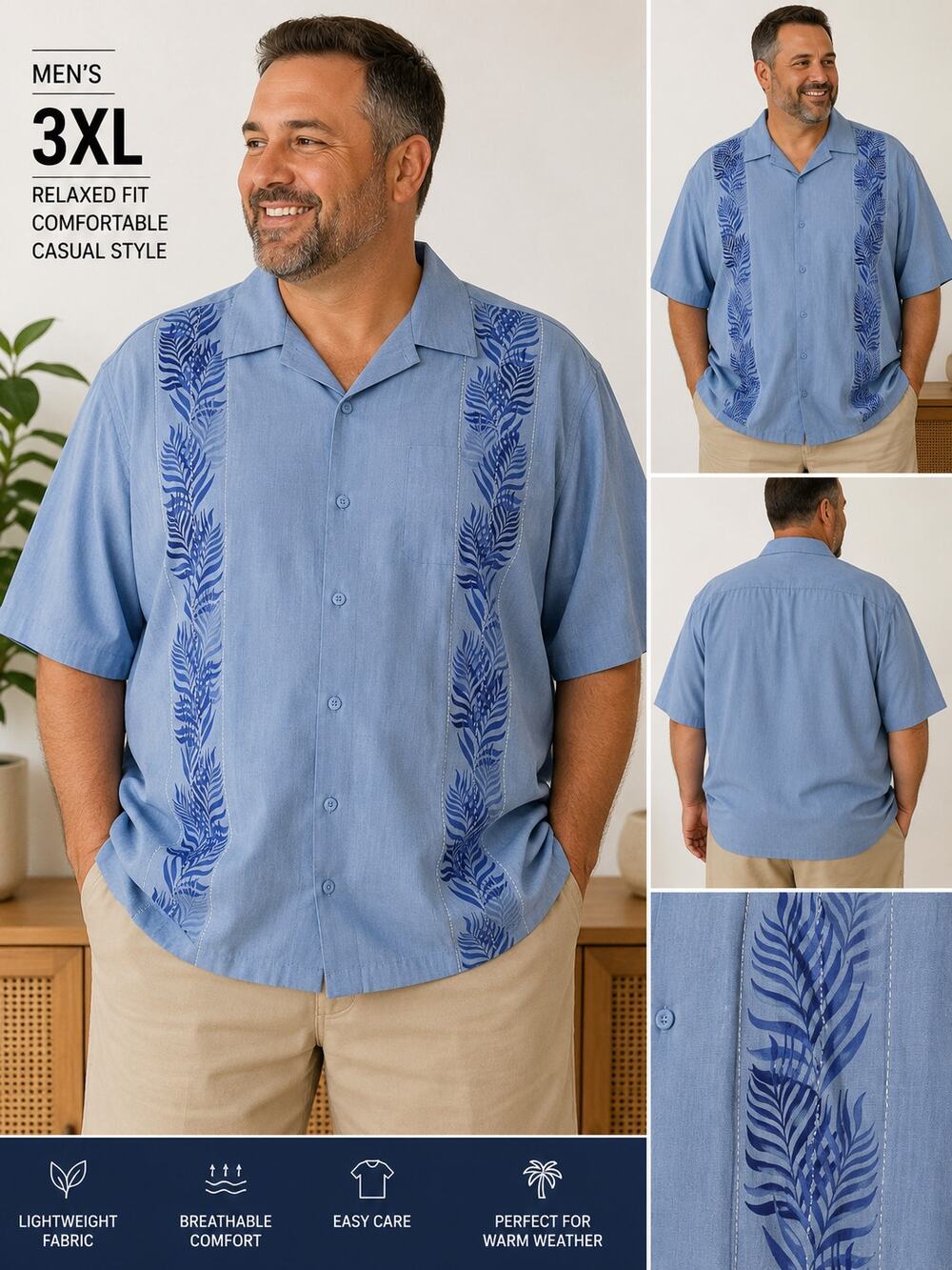 Cafe Luna Men's 3XL Blue Tropical Camp Shirt Hawaiian Palm Print Button Front